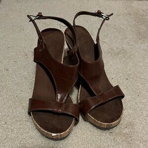 AEROSOLES Brown Leather Cork Wedge Sandals